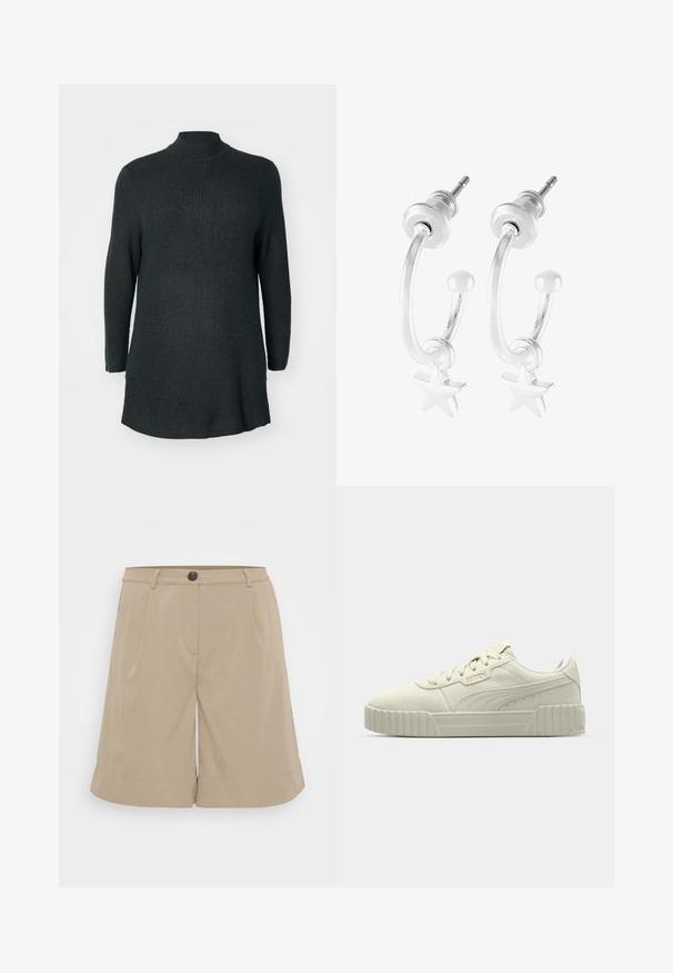 Dunkelgrünes, geripptes Strick-Tunika mit langen Ärmeln, hohem Kragen und lässiger Passform. Mit geradem Saum und seitlichen Schlitzen am unteren Ende.; Khaki-Shorts aus leichtem Material, mit flacher Vorderseite, Falten, Knopfverschluss und umgeschlagenen Säumen. Einfaches und maßgeschneidertes Design.; Puma-Sneaker aus off-white Wildleder mit flachem Design, dicker gerippter Sohle, Schnürverschluss und dezentem Branding an der Seite.; Silberne Creolen mit einem Sternanhänger, mit polierter Oberfläche und geschwungener Form, gesichert mit einem Steckverschluss.