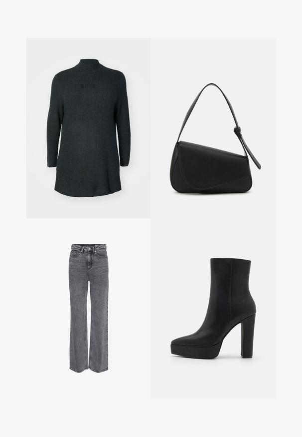 Mørkegrøn, ribbet strik tunika med lange ærmer, høj halsudskæring og relaxed fit. Har en lige kant og sideslidser forneden.; Grå denimjeans i høj talje og med lige ben, med frontknap, lynlåslukning og klassisk design med fem lommer.; Sort ankelstøvle lavet af tekstureret læder med en spids snude, en chunky plateau og en høj blokhæl. Glat overflade, minimal detaljering.; Sort læderhåndtaske med en triangular form, skrå klap og et rundt håndtag. Har en glat overflade og minimalistiske design detaljer.
