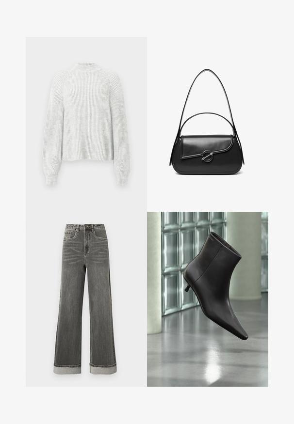 Pull en maille côtelée gris clair avec un col montant, des manches raglan et des poignets ajustés. Texture douce et coupe décontractée.; Jean denim gris à jambes larges avec une taille haute, cinq poches et des ourlets retroussés. Le tissu présente une texture légèrement usée avec des coutures visibles.; Bottine en cuir noir avec bout pointu et petit talon, présentée devant un mur en blocs de verre et un sol poli.; Sac à bandoulière en cuir noir avec un rabat incurvé fermé par un fermoir métallique rond et une sangle fine et ajustable.