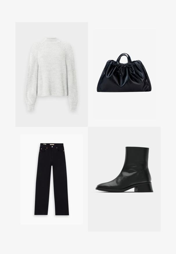 Pull en maille côtelée gris clair avec un col montant, des manches raglan et des poignets ajustés. Texture douce et coupe décontractée.; Jean en denim noir avec une coupe droite, cinq poches, matériel en cuivre et texture lisse. Deux étiquettes visibles sur la taille.; Bottine noire en cuir brillant, au design épuré, avec un bout pointu et un petit talon bloc pour plus de stabilité.; Sac à main en cuir noir avec haut froncé, petites poignées doubles et fermeture par cordon noué au centre devant sur fond blanc.