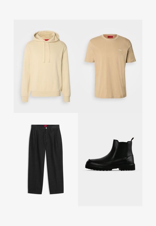 Flødefarvet hættetrøje med snørelukning, blød tekstur, ribbede manchetter og kant. Har subtil "HUGO" branding foran.; Beige bomulds t-shirt med rund halsudskæring, korte ærmer og et lille hvidt "HUGO" logo på brystet. Glat tekstur uden mønstre.; Sorte bukser med høj talje med forreste læg, bæltestropper, knap og lynlås lukning samt en rød label indeni linningen.; Sort læderankelstøvle med tekstureret sål, elastiske sidepaneler og træksnor på en lysegrå baggrund.
