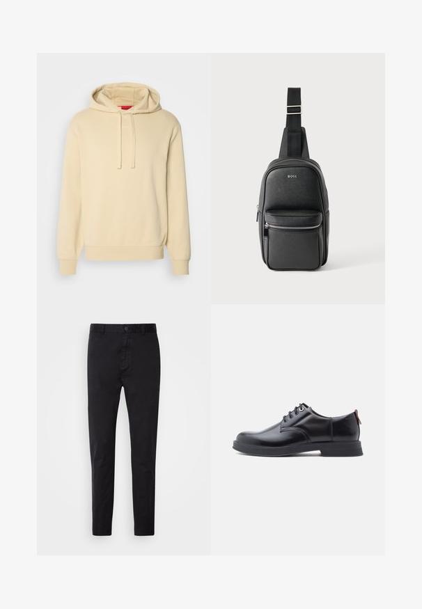 Hoodie crème avec une capuche à cordon, texture douce, poignets et ourlet côtelés. Présente un discret logo "HUGO" sur le devant.; Chinos noirs avec une texture lisse, fermeture à bouton et design fuselé. Idéal pour une tenue décontractée ou semi-formelle.; Chaussures en cuir noir à lacets avec une texture lisse, un bout arrondi et des détails de couture discrets. Présentent une languette rouge à l'arrière.; Sac bandoulière en cuir noir avec sangle réglable, poche avant zippée et logo « BOSS » sur une surface lisse et texturée.