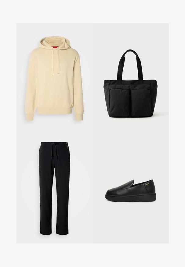 Hoodie crème avec une capuche à cordon, texture douce, poignets et ourlet côtelés. Présente un discret logo "HUGO" sur le devant.; Pantalon noir et léger avec une coupe droite. Doté d'une taille à cordon de serrage et d'une texture lisse. Convient pour une tenue décontractée.; Chaussure noire en cuir à enfiler avec semelle épaisse et petits trous de ventilation latéraux, avec un logo doré "HUGO" près du talon.; Sac fourre-tout noir en tissu doux, avec deux poches avant et des anses robustes. Logo affiché sur le côté. Design simple et fonctionnel.