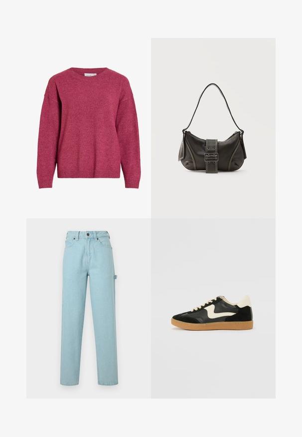 Pull à manches longues avec col rond en rose foncé chiné, poignets et ourlet côtelés, tissu en maille douce, coupe décontractée.; Jean en denim bleu clair avec une coupe droite, un design à cinq poches et une taille munie d'un passants pour ceinture. Tissu légèrement texturé.; Baskets en daim et cuir noir avec un swoosh latéral crème et un talon crème clair. Dotées de lacets beige et d'une semelle en caoutchouc gomme.; Sac à épaule en cuir noir avec une sangle à boucle, des bords arrondis et des coutures blanches contrastées sur un fond uni.