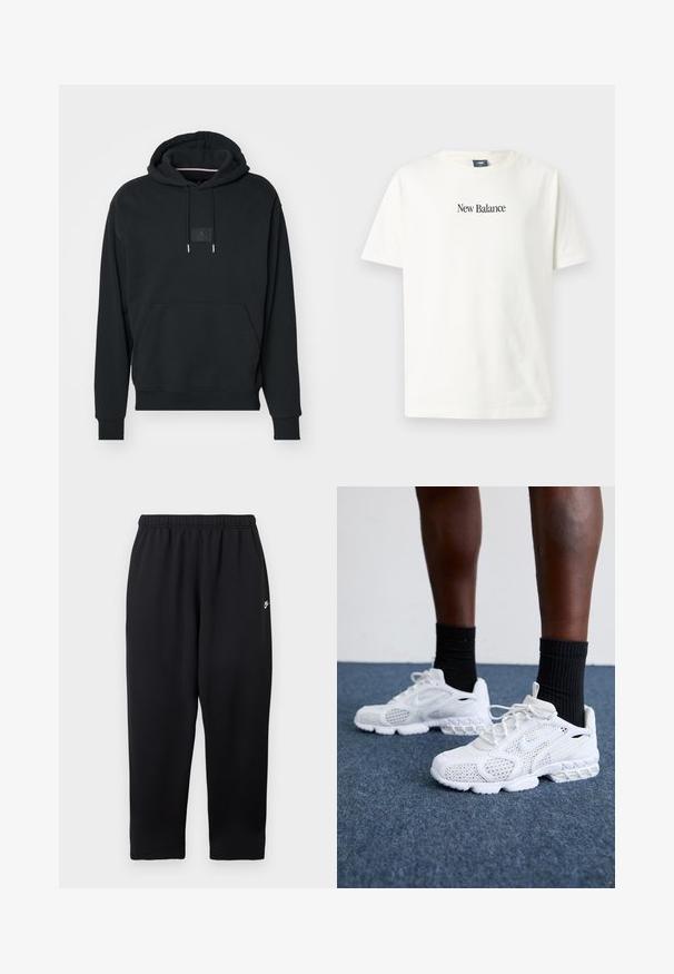 Zwarte hoodie met een voorzak, verstelbare koordjes en een klein logo-opdracht op de borst. Gemaakt van zachte, gestructureerde stof.; Wit katoenen T-shirt met korte mouwen en een ronde hals, met een zwart "New Balance"-logo op de voorkant gedrukt.; Zwarte sweatpants met een elastische tailleband, voorzien van een klein wit logo aan de linkerkant. Gemaakt van een zachte, lichtgewicht stof. Recht pijp model.; Witte sportieve schoenen met een bovenkant van mesh, gemêleerde accenten en een gevoerde zool. Samengesteld met zwarte geribde enkelsokken op een blauwe tapijtvloer.