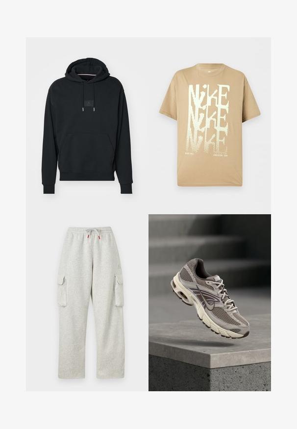 Zwarte hoodie met een voorzak, verstelbare koordjes en een klein logo-opdracht op de borst. Gemaakt van zachte, gestructureerde stof.; Beige Nike T-shirt met korte mouwen met overlappend grote witte "NIKE" tekst en kleine "NIKE INC." en "OREGON, USA" onderaan.; Lichtgrijze joggingbroek met elastische tailleband, trekkoord met rode uiteinden en grote klepzakken op beide dijen.; Grijze en beige Nike hardloopschoen zweeft in de lucht boven een betonnen richel met onscherpe trappen op de achtergrond.