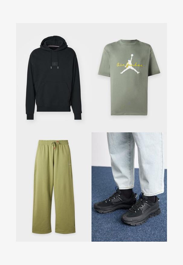 Zwarte hoodie met een voorzak, verstelbare koordjes en een klein logo-opdracht op de borst. Gemaakt van zachte, gestructureerde stof.; Olijfgroene katoenen T-shirt met een ronde hals, voorzien van een wit Air Jordan-logo en gele tekst eronder. Korte mouwen, losse pasvorm.; Olijfgroene wijde sweatpants met elastische tailleband en trekkoord, met klein logo op de bovenkant van het been, afgebeeld op een effen achtergrond.; Zwarte sportschoenen met gestructureerde stof en rubberen zolen, met elastische veters en een blauwe accent op de hiel. Draag samen met lichte spijkerbroeken.