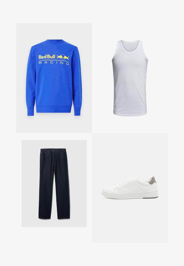 Sinine puuvillane dressipluus, millel on soonikkoes ümmargune kaelus ja pikad varrukad. Ees on suur kollane "Red Bull Racing" logo.; Valge puuvillane tank top, millel on ümar kaelus, laiad õlapaelad ja minimaalne brändingu trükk krae sees. Pehme tekstuur, igapäevane istuvus.; Tumedast sinised sirged teksad viie tasku kujundusega, nööbiga sulgemine ja nähtav õmblus heledal taustal.; Valge tenniseking sileda nahaga, ümar varvas, minimalistlik disain, hall kand, ja tekstureeritud kummist tald.