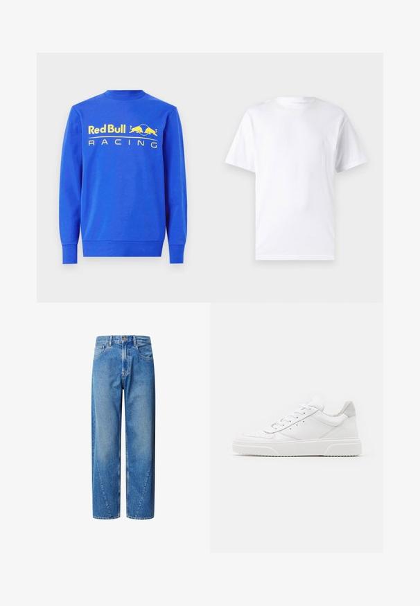 Sudadera azul de algodón, con cuello redondo ribeteado y mangas largas. En la parte frontal se muestra un gran logo amarillo de "Red Bull Racing".; Camiseta blanca de manga corta hecha de algodón con cuello redondo, que presenta una textura suave y un diseño simple sin patrones ni acentos.; Vaqueros de mezclilla de color azul claro con cintura alta, corte de pierna ancha y costuras de yugo en ángulo. Cuenta con cinco bolsillos y cierre de botón.; Zapatillas de cuero blanca con un acabado suave, punta redondeada, cordones planos y una suela texturada. Acento de ante gris en el talón.