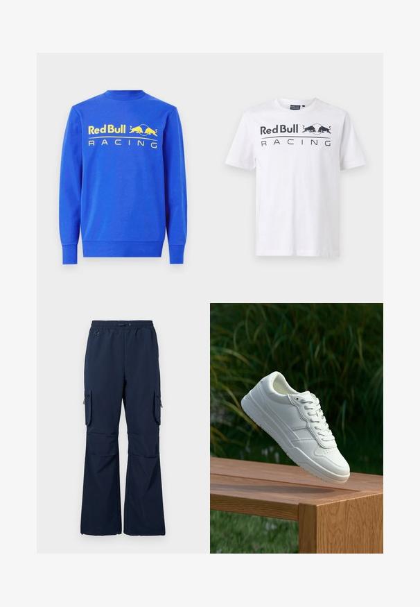 Blå sweatshirt lavet af bomuld, med ribbet rund hals og lange ærmer. Forskellen viser et stort gult "Red Bull Racing" logo.; Red Bull Racing x Pepe Jeans TEAM LOGO - T-shirts print - white; Marine cargo bukser lavet af letvægtsstof med snoretræk i taljen, to sidelommer og lynlås cargo lommer på begge ben.; Hvide lædersneakers med en glat overflade, prydet med perforeret design, klassisk snørering og gummisål, placeret over en træoverflade.