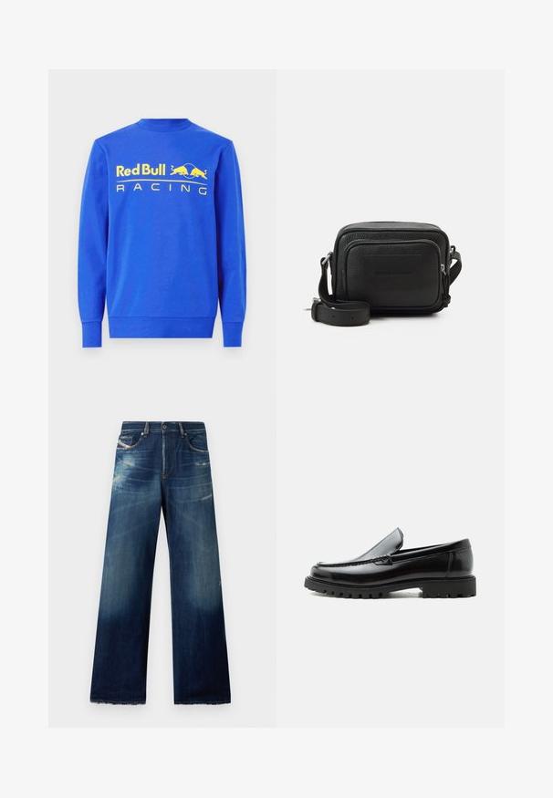 Blå sweatshirt lavet af bomuld, med ribbet rund hals og lange ærmer. Forskellen viser et stort gult "Red Bull Racing" logo.; Bredde denim jeans i mørkeblå med slidte områder, distressed detaljer og flossede kanter. Fire lommer og knaplukning.; Sort læderloafer med chunky gummisål, syet overdel og præget mærkenavn på hælen, vist i sideprofil på hvid baggrund.; Sort læder crossbody taske med en struktureret rektangulær form, tekstureret overflade, lomme med lynlås foran og justerbar strop. Brandlogo prægede.