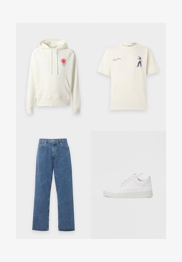 CLOSED PRINTED HOODIE - Jersey con capucha - ivory; Camiseta color blanco roto con un pequeño gráfico de una persona cargando madera en el pecho derecho y texto en cursiva en el pecho izquierdo.; Vaqueros azules de corte recto con sutiles patrones abstractos de hojas cosidas y diseño clásico de cinco bolsillos sobre un fondo claro.; Zapatilla blanca de cuero con punta redondeada, suela plana y cierre de cordones. Presenta detalles de costuras y un cuello acolchado para mayor comodidad.
