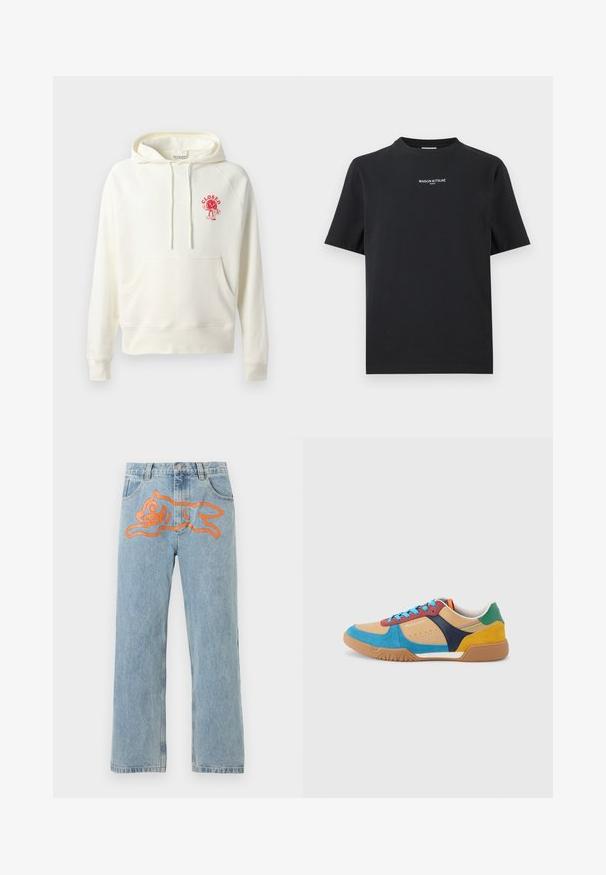 CLOSED PRINTED HOODIE - Jersey con capucha - ivory; Camiseta negra de manga corta con "MAISON KITSUNÉ PARIS" impreso en texto pequeño blanco centrado en el pecho.; Vaqueros de mezclilla azul claro con un gran gráfico naranja de un perro juguetón estilo caricatura en la parte frontal de la cintura.; Zapatilla multicolor de ante y cuero con cordones azules, base color marrón claro, talón verde, parte trasera amarilla, y detalles en azul marino y rojo, con suela plana de goma.