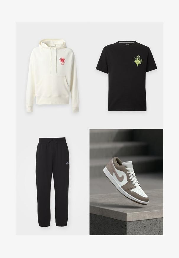 CLOSED PRINTED HOODIE - Kapuutsiga pusa - ivory; Must lühikeste varrukatega T-särk neoonrohelise abstraktse mustri ja vasakul rinnal kirjadega, klassikalise lõike ja ümara kaelusega.; Mustad mustad, mis on valmistatud pehmest kangast, elastse vöökoha ja kinnitustrossiga, puhv-, pahkluuotsad ja väike logo ülemisel reitel.; Valge ja taupe madala säärega toss tarrade, keskosa ja Nike logoga, mis hõljub betoonserva kohal, taustal trepid.