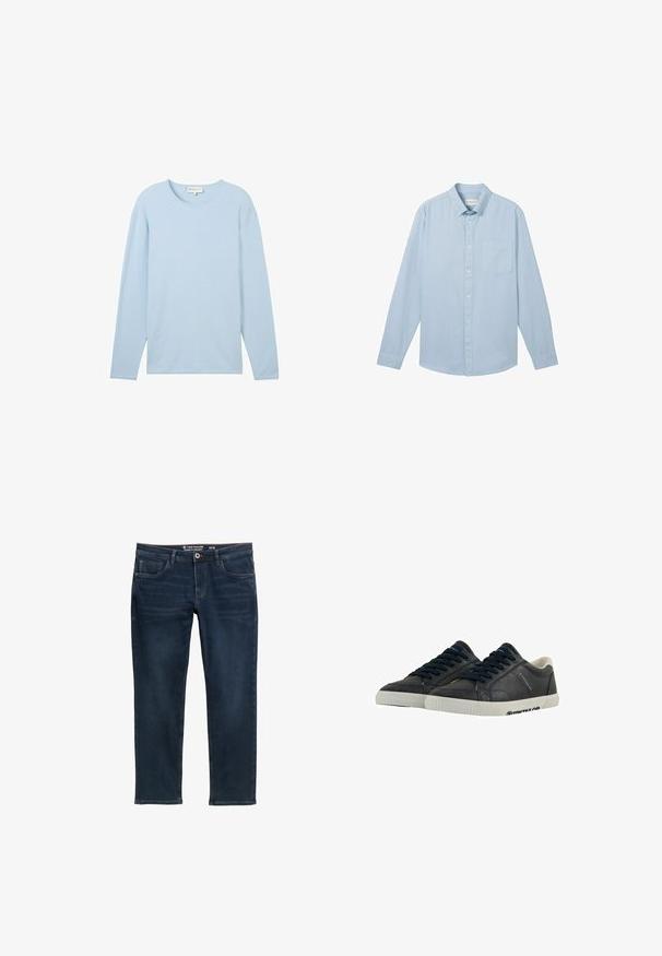 Haut texturé bleu clair à manches longues avec un col rond et un ourlet droit, fabriqué à partir d'un tissu doux et léger.; Chemise à manches longues bleu clair fabriquée en tissu avec un motif texturé, dotée d'un col boutonné et d'une poche poitrine simple.; Jean droit bleu foncé avec poches avant, passants de ceinture, fermeture à bouton et détails de décoloration subtile. Taille 32/32 de Tom Tailor.; Baskets en cuir bleu marine avec semelles en caoutchouc blanches, bout rond et lacets noirs. Textures subtiles et marquage sur les côtés. Design décontracté.