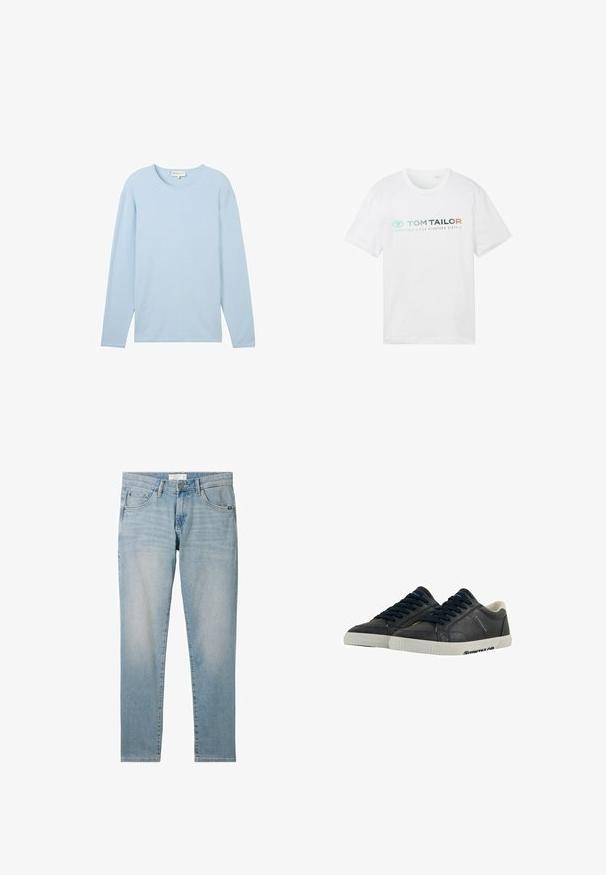 Haut texturé bleu clair à manches longues avec un col rond et un ourlet droit, fabriqué à partir d'un tissu doux et léger.; T-shirt en coton blanc avec un col rond, des manches courtes et une impression sur le devant : "TOM TAILOR" avec "ESSENTIALS SINCE NINETEEN SIXTY-2."; Jeans en denim bleu clair, avec une coupe classique, cinq poches, fermeture à bouton à l'avant et un léger délavage sur les jambes.; Baskets en cuir bleu marine avec semelles en caoutchouc blanches, bout rond et lacets noirs. Textures subtiles et marquage sur les côtés. Design décontracté.
