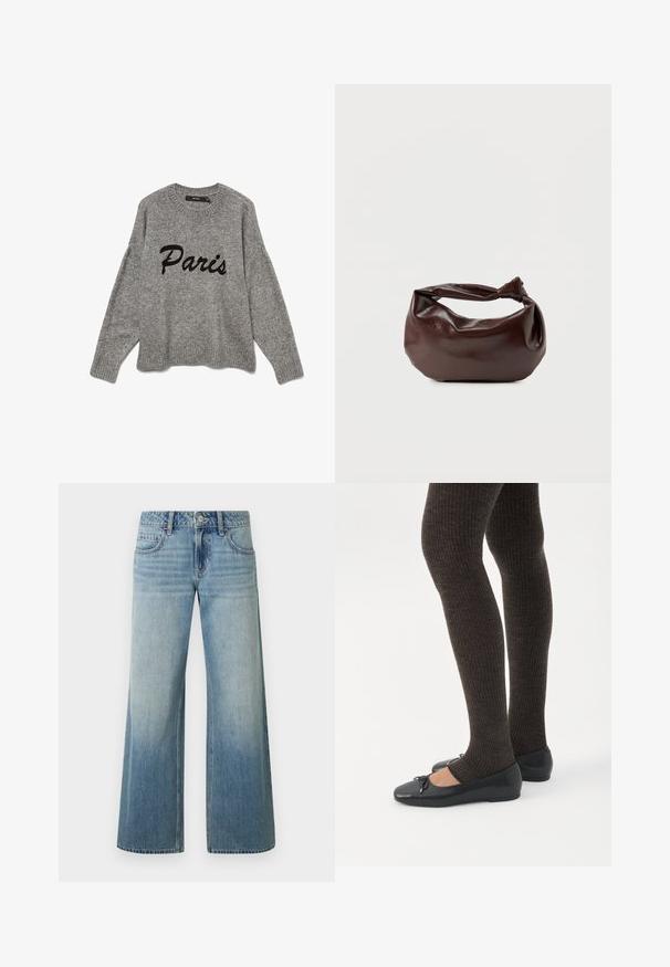 Grå strikket sweater med rund halsudskæring og ribbet kant, med "Paris" broderet i sort kursiv på forsiden.; Lyseblå jeans med vide ben og falmet finish, med knaplukning, fem lommer og syning langs sømmene.; Ben iført mørke ribbede leggings kombineret med sorte balletsko med små sløjfedetaljer på hvid baggrund.; Mørkebrun læder skuldertaske med en blød, afslappet form og et snoet knudehåndtag på en ensartet hvid baggrund.
