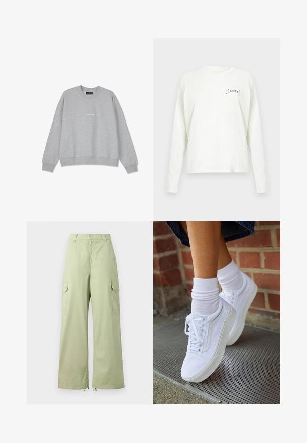 Lichtgrijze sweatshirt van een katoenmix. Heeft een ronde hals en verlaagde schouders. De voorkant heeft een kleine witte tekst "PEGA.DOR" detail.; Witte katoenen T-shirt met lange mouwen, met de tekst "OBEY" en kleine steraccenten op de linkerborst voorkant.; Lichtgroene cargobroek met wijde pijpen, gemaakt van katoen. Bevat twee zijzakken en een knoopsluiting. Soepele textuur en casual ontwerp.; Witte canvas sneakers met rubberen zolen, voorzien van zes vetertjes, een ronde neus en lichte stikdetails, gecombineerd met witte enkelsokken.