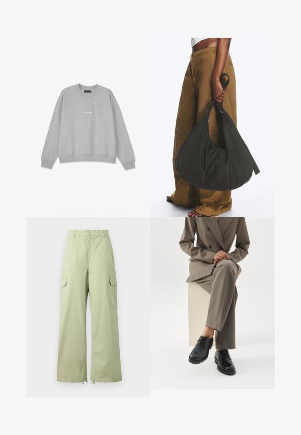 Sweatshirt gris clair en mélange de coton. Il présente un col rond et des épaules tombantes. L'avant arbore un petit texte blanc "PEGA.DOR".; Pantalons cargo vert clair avec jambes larges, en coton. Présente deux poches latérales et une fermeture à bouton. Texture lisse et design décontracté.; Personne portant un costume taupe assise sur un bloc blanc, jambes croisées, présentant des chaussures en cuir noires à lacets sur fond blanc.; Personne portant un pantalon marron à jambes larges et un haut blanc tenant un grand sac à main noir souple par sa lanière à côté d'elle.