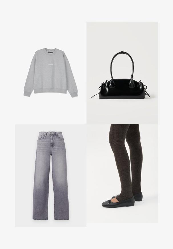 Lys grå sweatshirt lavet af bomuldsblanding. Har en rund halsudskæring og dropped shoulders. Foran har den en lille hvid tekstdetalje "PEGA.DOR".; Højtaljede, vide jeans i lysegrå denim. Har et klassisk fem-lomme design, diskret fading og en metalknaplukning.; Ben iført mørke ribbede leggings kombineret med sorte balletsko med små sløjfedetaljer på hvid baggrund.; Lille sort blank håndtaske med to lange håndtag og snøre-detaljer i siden på en ensfarvet lys baggrund.