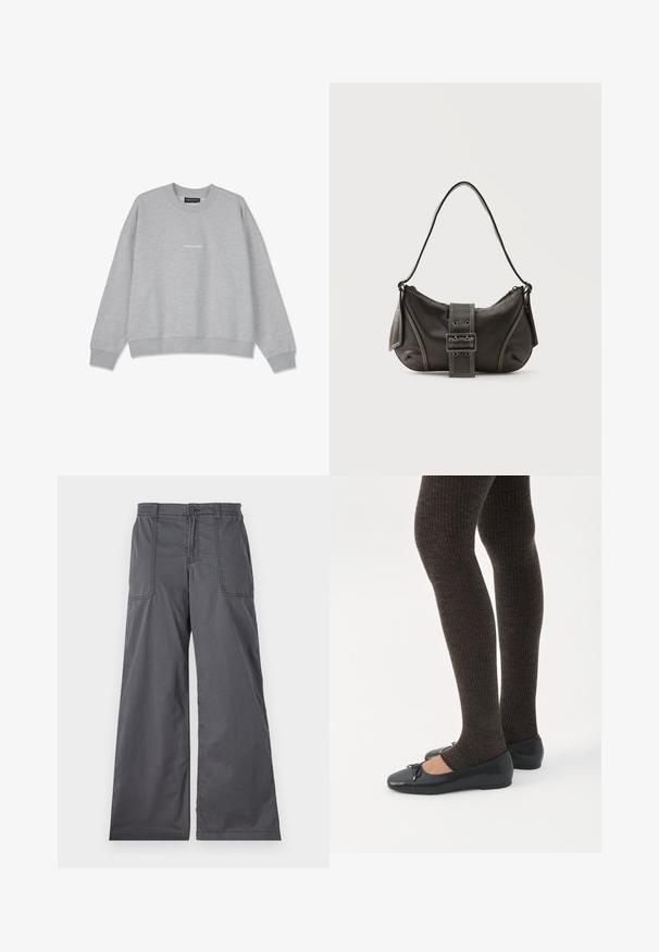 Sweatshirt gris clair en mélange de coton. Il présente un col rond et des épaules tombantes. L'avant arbore un petit texte blanc "PEGA.DOR".; Pantalons gris à jambes larges avec une texture lisse, dotés de poches avant, d'une fermeture par bouton et de détails cousus le long des coutures.; Jambes portant des leggings côtelés foncés associés à des ballerines noires avec de petits détails en nœud sur fond blanc.; Sac à épaule en cuir noir avec une sangle à boucle, des bords arrondis et des coutures blanches contrastées sur un fond uni.