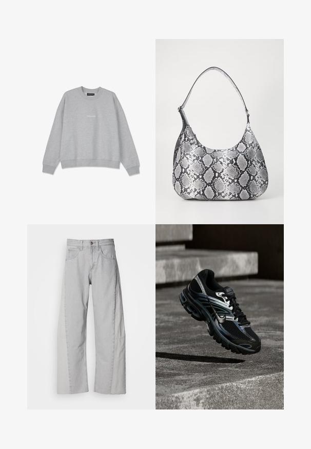 Sweatshirt gris clair en mélange de coton. Il présente un col rond et des épaules tombantes. L'avant arbore un petit texte blanc "PEGA.DOR".; Jean large gris clair en denim. Présente une taille ajustée, cinq poches et un ourlet net avec de légères différences de texture sur les côtés.; Chaussure de running Nike noire et argent flottant au-dessus de marches en béton, montrant un design détaillé et une semelle texturée en extérieur.; Sac à épaule en simili cuir noir et blanc avec imprimé serpent, de forme arrondie, texture lisse et bandoulière incurvée. Présente un accent en matériel argenté.