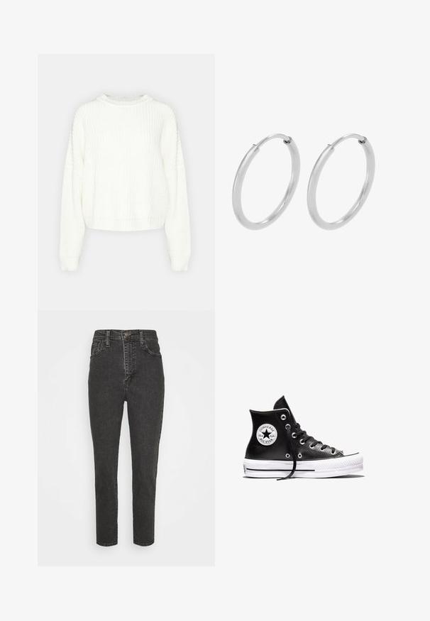 Pull en maille blanche avec un col rond, des manches longues et une coupe décontractée. Présente un motif texturé et un ourlet et des poignets côtelés.; Jeans en denim noir taille haute avec une coupe slim, dotés d'une fermeture à bouton, de passants de ceinture et d'un design classique à cinq poches.; Baskets montantes Converse Chuck Taylor All Star noires avec semelle en caoutchouc blanc et patch logo sur la cheville, présentées sur un fond blanc.; Boucles d'oreilles en argent, de forme circulaire, avec une texture lisse et brillante, et une largeur constante. Design minimaliste sans accents supplémentaires.