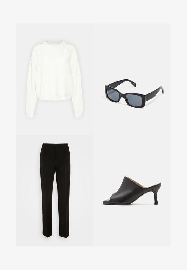 Pull en maille blanche avec un col rond, des manches longues et une coupe décontractée. Présente un motif texturé et un ourlet et des poignets côtelés.; Pantalon noir au design ajusté, jambes droites, plis simples et détails de poches. Fabriqué en tissu lisse et léger.; Selected ASHLEY - Mules à talons - black; Lunettes de soleil rectangulaires noires avec des verres teintés foncés, monture en plastique épaisse et branches larges. Surface lisse et design angulaire.