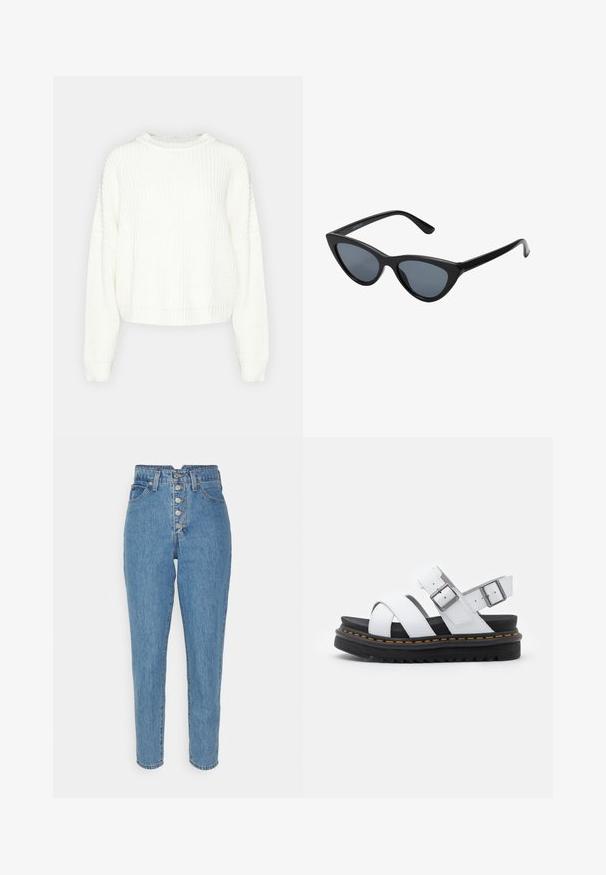 Pull en maille blanche avec un col rond, des manches longues et une coupe décontractée. Présente un motif texturé et un ourlet et des poignets côtelés.; Jeans en denim bleu taille haute avec une jambe droite, fermeture à cinq boutons à l'avant et détails de couture classiques.; Sandales en cuir blanc avec des sangles réglables à boucle, semelle en noir superposée et détail de couture orange le long du bord.; Lunettes de soleil noires en forme d'œil de chat avec des verres gris foncé, monture en plastique élégante, coins pointus et branches droites. Pas de métal visible ni d'accents.
