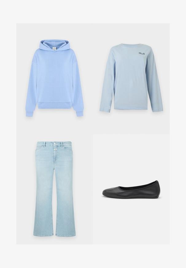 Sweat à capuche bleu clair à manches longues, avec poignets côtelés et poche frontale, présenté sur un fond clair uni.; T-shirt bleu clair à manches longues avec col rond, petit texte noir "BAUM UND PFERDGARTEN" sur le haut gauche de la poitrine.; Jean flare en denim bleu clair avec fermeture éclair et bouton, doté de poches avant et d'une texture légèrement délavée. Coupe droite à partir du genou.; Ballerines en cuir noir avec un bout rond, texture lisse, détails de couture minimalistes et design de semelle flexible.