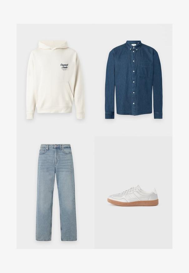 Kræmfarvet hoodie lavet af blødt stof, med en lomme foran, ribbede manchetter og et lille broderet logo på brystet.; Mørkeblå denimskjorte med knapper, lange ærmer, en forlommer til venstre og en knaplukket krave, vist på en hvid baggrund.; Lys blå denim jeans med høj talje, lige ben-design, fem-lommes styling og subtil falming for et slidt udseende.; Sølv sneakers med en glat overflade, snørebånd, perforerede detaljer og en struktureret brun gummi sål.