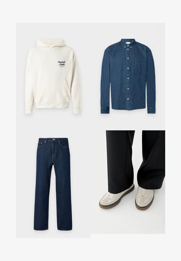 Crème-kleurige hoodie gemaakt van zachte stof, met een voorzak, ribgebreide manchetten en een klein geborduurd logo op de borst.; Donkerblauw denim overhemd met knopen, lange mouwen, een voorzak aan de linkerkant en een button-down kraag, weergegeven op een witte achtergrond.; Donkerblauwe denim jeans met een rechte snit, vijf zakken en zichtbare stiksels. Voorzien van een knoopsluiting en riemlussen.; Voeten met beige sneakers met bruine zolen en zwarte wijde broekspijpen op een witte achtergrond.