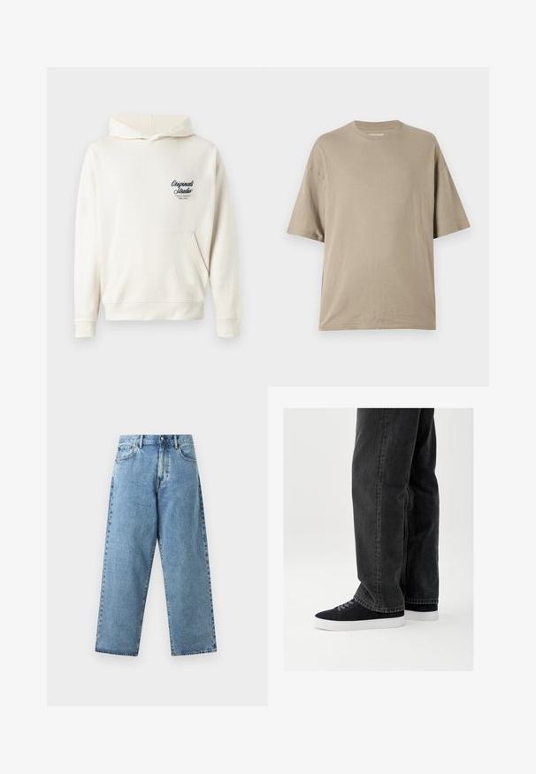 Kreemivärvi hoodie, millel on pehme materjal, esi-profili tasku, soonikkoes varrukad ja väike tikand logoga rinna piirkonnas.; Beige lühikeste varrukatega t-särk, mis on valmistatud pehmest puuvillast, omades ümarat kaelust ja mugavat lõiget, sileda tekstuuri ja minimaalse detailitusega.; Hele sinised teksapüksid kõrge vöökohaga, laiad sirged sääred, ees nupuga, tõmblukuga ja viie taskuga disainiga.; Mustad teksade püksid lõdva lõikega, kombineeritud tumesiniste seemisnahast tossudega, millel on valged kummipõhjaga ja mustad paelad. Lihtne ja kaasaegne disain.