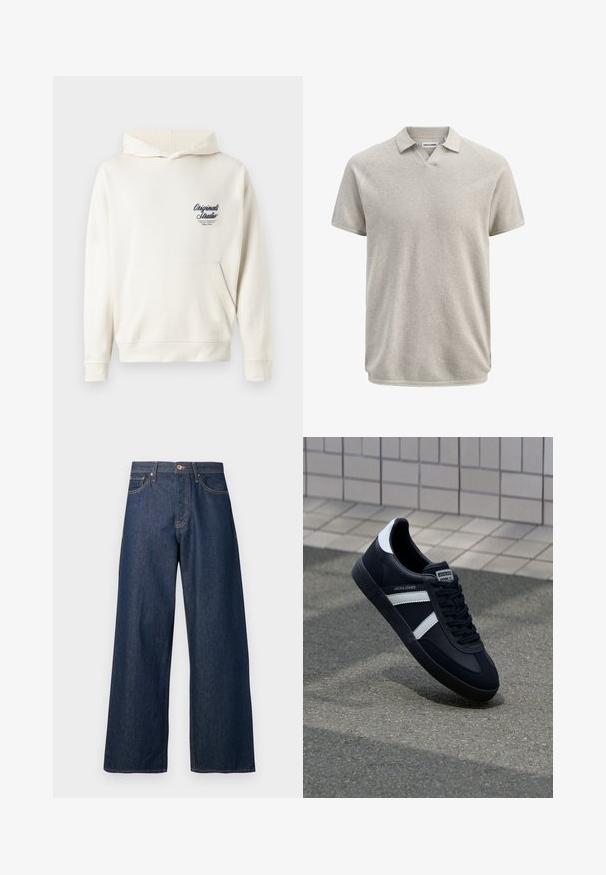 Kræmfarvet hoodie lavet af blødt stof, med en lomme foran, ribbede manchetter og et lille broderet logo på brystet.; Kortærmet beige tekstureret polo med krave og let V-formet halsudskæring, mærket Jack & Jones.; Vidbenede jeans lavet af mørkt denim med orange syninger, som har fem lommer, en knaplukning foran og en lige silhuet.; Sort lædersneaker med hvide striber, tekstureret gummisål og snørrebånd foran. Har et brandet mærke på tungen.