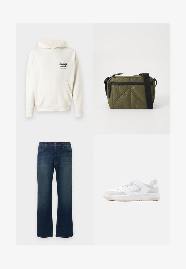 Crème-kleurige hoodie gemaakt van zachte stof, met een voorzak, ribgebreide manchetten en een klein geborduurd logo op de borst.; Donkerblauwe denim jeans met een rechte pijp, vijf-pocket stijl, rits en metalen knoop. Heeft een lichte vervaging op de dijen.; Lage witte en lichtbeige sneaker met vetersluiting, gevoerde kraag en rubberen zool op een effen lichte achtergrond.; Olijfgroene gewatteerde stoffen tas met een zwarte schouderband, voorzien van een bovenste ritssluiting en een externe ritszak met geometrische patroonaccenten.