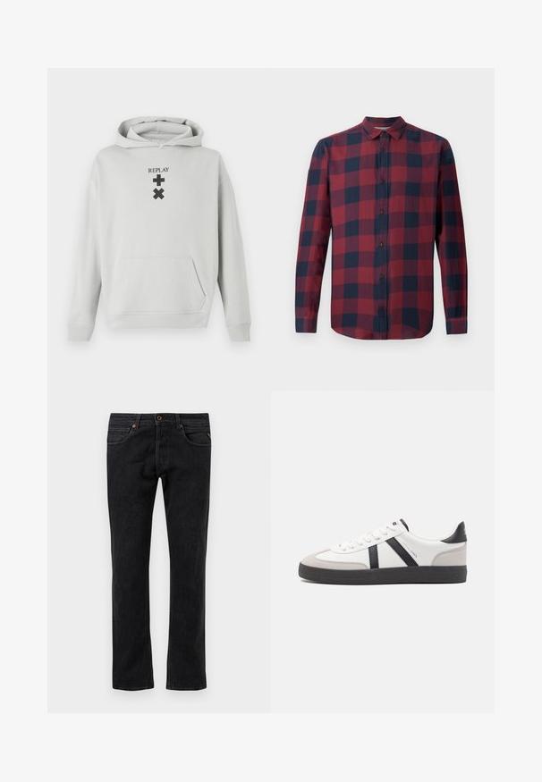 Hoodie gris clair avec une poche frontale, arborant le texte noir "REPLAY" et des symboles graphiques. Tissu doux, coupe décontractée, poignets côtelés.; Chemise à manches longues à carreaux rouge et marine avec un col boutonné et des boutons foncés. Fabriquée en tissu léger avec une texture lisse.; Jean en denim noir avec une coupe droite, comportant cinq poches, des délavages subtils et des coutures orange.; Baskets blanches avec des accents noirs et gris, présentant un embout texturé gris, une semelle en caoutchouc noir et des lacets plats blancs. Design épuré, style minimaliste.