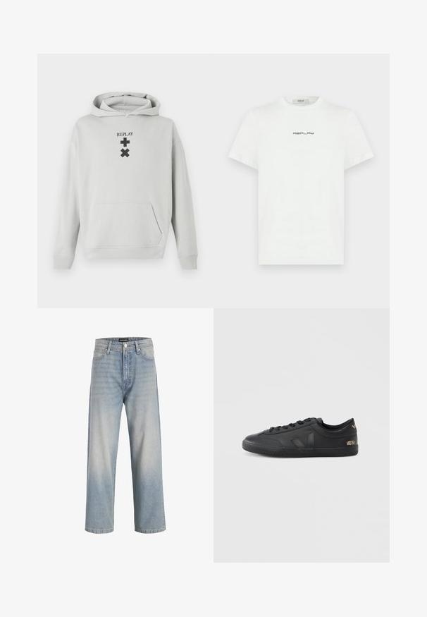 Lys grå hoodie med en frontlomme, prydet med sort "REPLAY" tekst og grafiske symboler. Blødt stof, afslappet pasform, ribbet manchetter.; Hvid bomulds T-shirt med korte ærmer og rund hals. Har et sort "REPLAY" logo trykt på brystet. Glat tekstur.; Lys blå denimjeans med lige ben design, falmet udseende, fem lommer og en knappelukning i taljen.; Sorte sneakers i læder med tekstureret overflade, rund tå, snørelukning og diskret branding på siden og hælen.