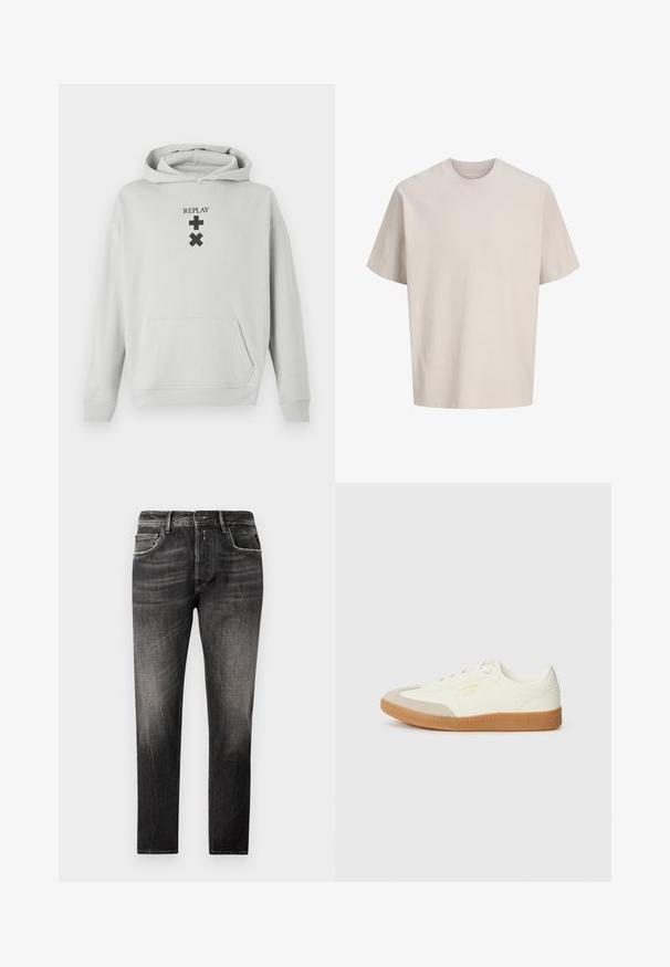 Lys grå hoodie med en frontlomme, prydet med sort "REPLAY" tekst og grafiske symboler. Blødt stof, afslappet pasform, ribbet manchetter.; Beige ribbet T-shirt med korte ærmer, rund hals, løs pasform og diskrete teksturerede lodrette linjer.; Sorte denimjeans med en falmet vask, fem lommer og lige ben. Har subtile slidte detaljer og kontraststikninger.; Sneaker lavet af hvid læder med en beige tåhætte og let brunt gummisål. Har flade hvide snørebånd og prægede branding på siden.