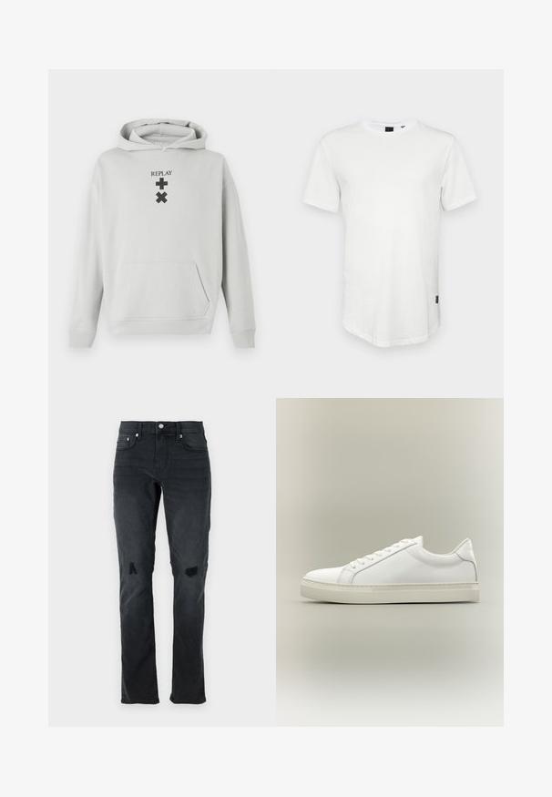 Lichtgrijze hoodie met een voorzak, voorzien van zwarte "REPLAY" tekst en grafische symbolen. Zacht stof, losse pasvorm, ribgebreide boorden.; Witte t-shirt met korte mouwen, gemaakt van katoen, met een ronde halslijn en een iets verlengde achterkant, voorzien van een klein logo-accent aan de zijkant.; Zwarte denim jeans met een slim fit, subtiele slijtage, twee scheuren bij de knieën en traditionele vijf-pocket styling met een knoopsluiting.; Witte lage sneaker met veters aan de voorkant en dikke zool, zijaanzicht tegen een neutrale achtergrond.