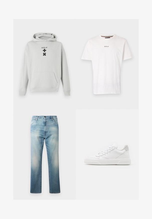 Lys grå hoodie med en frontlomme, prydet med sort "REPLAY" tekst og grafiske symboler. Blødt stof, afslappet pasform, ribbet manchetter.; Hvid bomulds t-shirt med v-hals, korte ærmer, og en lille "REPLAY" trykt på brystet. Glat tekstur, afslappet pasform.; Replay WAINE PANTS - Jeans Relaxed Fit - light blue; Hvide lædersneakers med en glat finish, rund tå, flade snørebånd og en struktureret sål. Grå ruskindsdetalje ved hælen.
