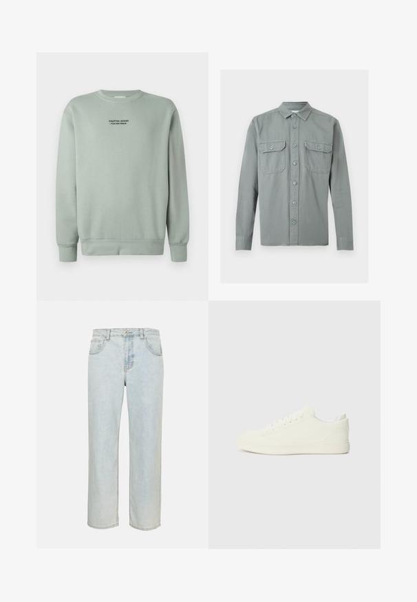 Kerge salvei rohelise värvi ümarkaelusega sviiter, millel on pikad varrukad ja must tekst "Crafted Goods - Pier One Denim", mis on paigutatud rindkere keskossa.; Helehall pikkade varrukatega nööbitav särk krae ja kahe esipaneelil nööbitava taskuga, esitatud tasapinnal valgel taustal.; Hele sinised sirged teksapüksid esitaskute, vööaasade ja nööpimisega ühevärvilisel taustal.; Valged tossud, millel on sile tekstuuriga pealne, ümar varvas ja traditsiooniline paeltega kinnitamine, minimalistlik disain ja kummist tallad.