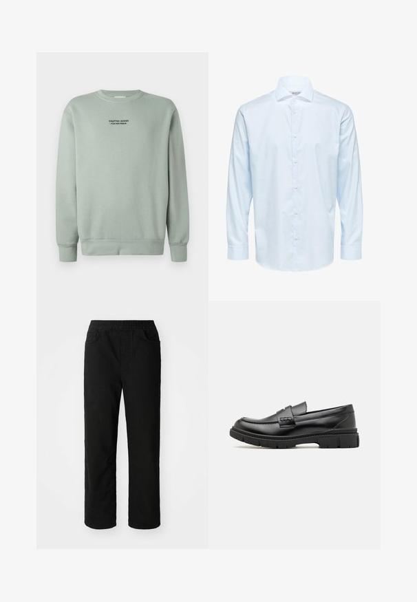 Licht salie groene crewneck sweatshirt met lange mouwen en zwarte tekst "Crafted Goods - Pier One Denim" gecentreerd op de borst.; Lichtblauw herenoverhemd met lange mouwen, knopen aan de voorkant en een klassieke kraag, weergegeven op een witte achtergrond.; Zwarte katoenen broeken met een relaxte pasvorm, een elastische tailleband, twee steekzakken en rechte pijpen. Soepele textuur zonder zichtbare patronen.; Zwarte leren instapper met een brede band over de voet, rubberen zool met dikke noppen en een gladde textuur. Klassiek, strak ontwerp.