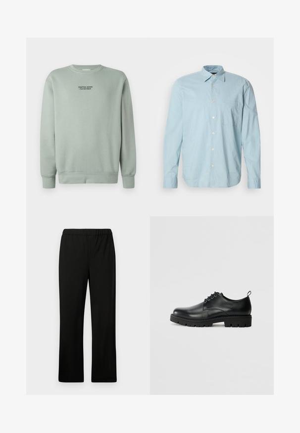 Svetlá šalviová mikina s dlhými rukávmi a čiernym textom "Crafted Goods - Pier One Denim" umiestneným na hrudi.; Svetlomodrá kockovaná košeľa s dlhým rukávom, so zapínaním na gombíky, vreckom na hrudi a bielymi gombíkmi. Vyrobená z hladkej textúry látky.; Čierne elastické nohavice s rovnými nohavicami. Vyrobené z hladkej látky, bez viditeľných vzorov alebo ozdobných prvkov.; Čierne kožené topánky s okrúhlou špičkou, so šnurovacím dizajnom, pevným čiernym gumovým podpätkom a malým pútkom na päte.