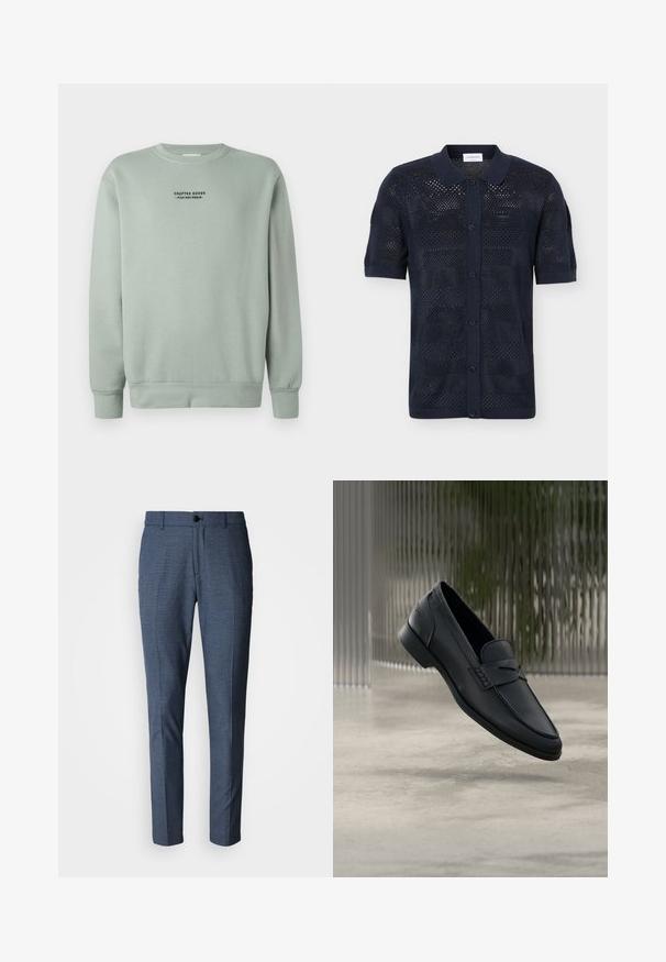 Kerge salvei rohelise värvi ümarkaelusega sviiter, millel on pikad varrukad ja must tekst "Crafted Goods - Pier One Denim", mis on paigutatud rindkere keskossa.; Laevast sinine lühikeste varrukatega kootud särk krae ja ees nuppudega, millel on läbi kogu kanga perforatsioonimuster.; Kohandatud püksid, mis on valmistatud tekstuuriga sinisest kangast, millel on lame esikülg, küljetaskud ja üksik nööp vööosas.; Mustast nahast jalanõu, sileda viimistlusega, terava ninaga ja vändas nähtava õmblusega. Madal konts ja minimalistlik disain.