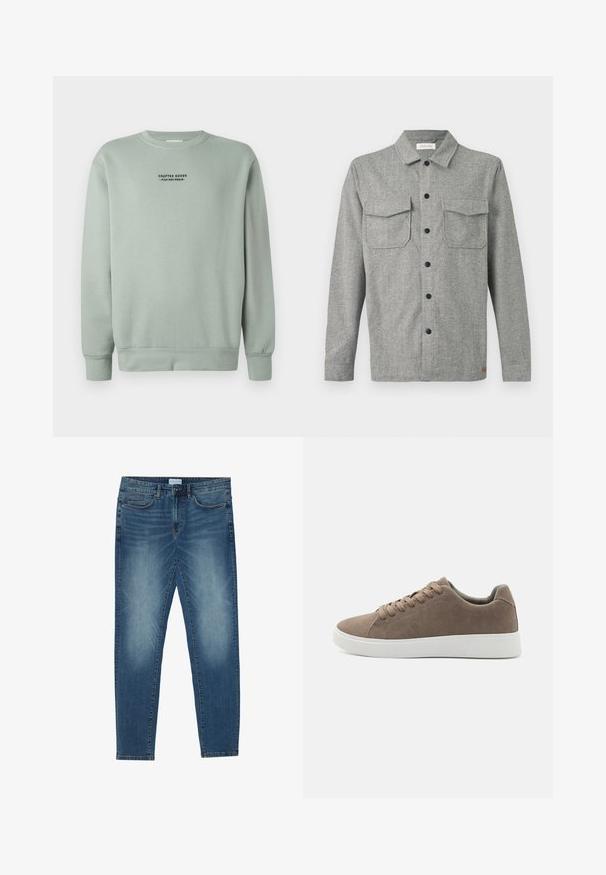 Svetlá šalviová mikina s dlhými rukávmi a čiernym textom "Crafted Goods - Pier One Denim" umiestneným na hrudi.; Sivá rybia kosťová košeľová bunda s dlhými rukávmi, čiernymi gombíkmi, dvoma prednými vreckami s klopami a malou značkou blízko lemu.; Džínsy v stredne modrej farbe s vyblednutým vzhľadom, dizajn s piatimi vreckami, rovný strih nohavíc a prešité akcenty. Zapínanie na gombík a zips.; Hnedé semišové tenisky s plochými bielymi gumovými podrážkami, dizajn so šnurovaním, zaoblená špička a hladká textúra. Minimalistický štýl s jemnými švovými detailmi.