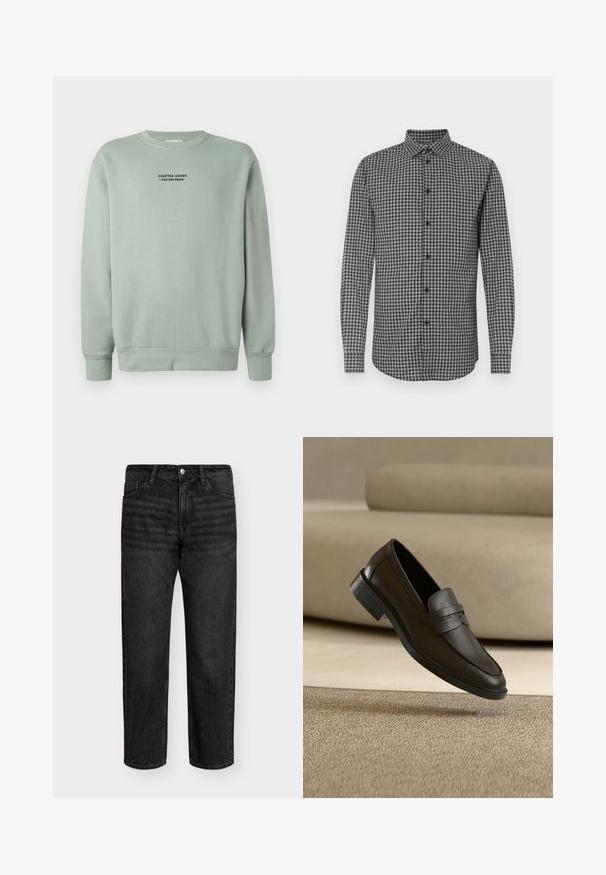 Licht salie groene crewneck sweatshirt met lange mouwen en zwarte tekst "Crafted Goods - Pier One Denim" gecentreerd op de borst.; Zwart-wit geruit shirt met lange mouwen en een button-down kraag, met een regular fit en knoopsluiting aan de voorkant. Geweven stof met textuur.; Zwarte denim jeans met een rechte snit, met een middelhoog taille, vijf zakken en metalen knoopsluiting. Soepele textuur met subtiele vervaging.; Zwarte leren loafer die rust op een beige tapijt met een gebogen beige bank op de achtergrond.