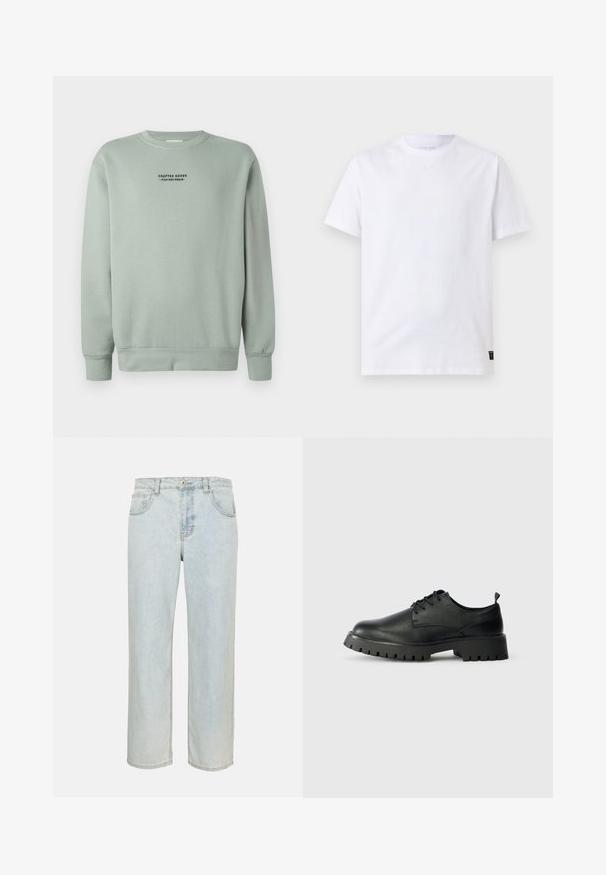 Kerge salvei rohelise värvi ümarkaelusega sviiter, millel on pikad varrukad ja must tekst "Crafted Goods - Pier One Denim", mis on paigutatud rindkere keskossa.; Tavaline valge lühikeste varrukatega t-särk ümarkaelusega, alumisel äärel väike must hooldusetikett helehallil taustal.; Hele sinised sirged teksapüksid esitaskute, vööaasade ja nööpimisega ühevärvilisel taustal.; Mustad nahast lakkimiseks mõeldud jalatsid ümarate varvastega, tekstureeritud pinnaga ja paksu kummitaldaga, millel on sügavad mustrid haardevõimeks.
