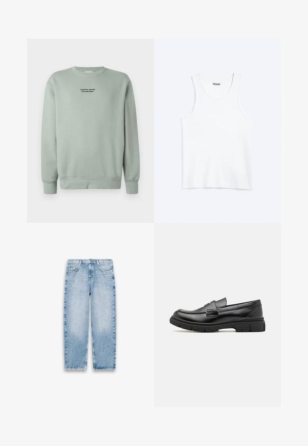 Licht salie groene crewneck sweatshirt met lange mouwen en zwarte tekst "Crafted Goods - Pier One Denim" gecentreerd op de borst.; Wit mouwloos hemdje met ronde hals en Weekday-merklabel aan de binnenkant van de achterkraag, plat weergegeven op een lichte achtergrond.; Lichtblauwe spijkerbroek met rechte pijpen, vijf zakken, riemlussen en een sluiting met knoop en rits aan de voorkant op een witte achtergrond.; Zwarte leren instapper met een brede band over de voet, rubberen zool met dikke noppen en een gladde textuur. Klassiek, strak ontwerp.