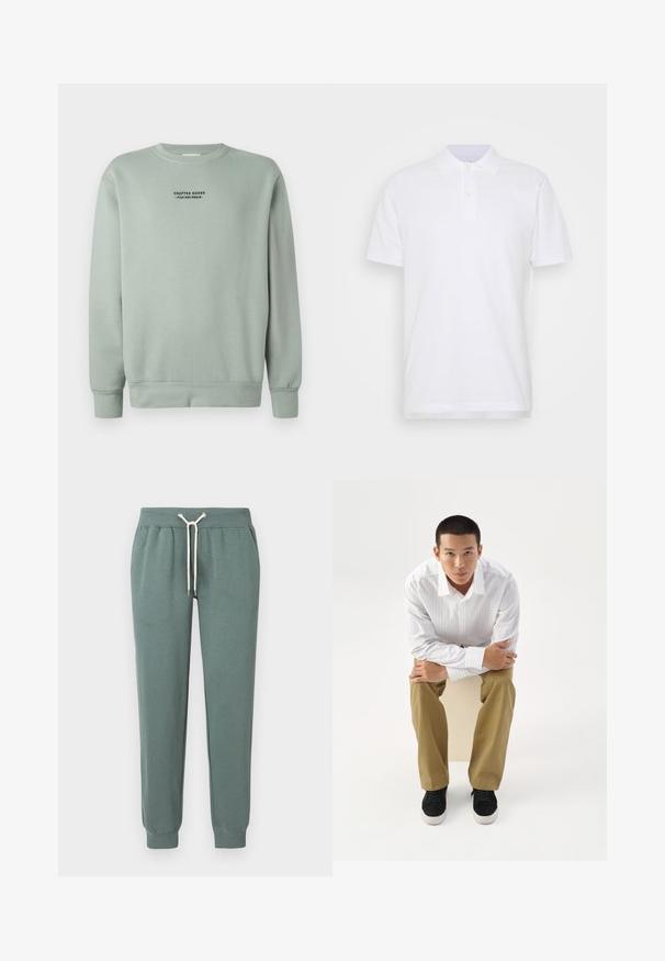 Kerge salvei rohelise värvi ümarkaelusega sviiter, millel on pikad varrukad ja must tekst "Crafted Goods - Pier One Denim", mis on paigutatud rindkere keskossa.; Valge polo särk, millel on klassikaline krae, kolme nupuga kinnitus ja lühikesed varrukad. Valmistatud siledast puuvillakangast, millel on lihtne disain.; Rohelised puuvillased dressipüksid nööriga vöökohal ja soonikkoes mansettidega. Sile tekstuur, küljetaskud ja kontrastsed nöördetailid.; Noor mees valge triibulise särgi ja khaki pükstega istub taburetil ettepoole kallutatud, käed rüpes, otsa sirgelt valgel taustal vaatamas.