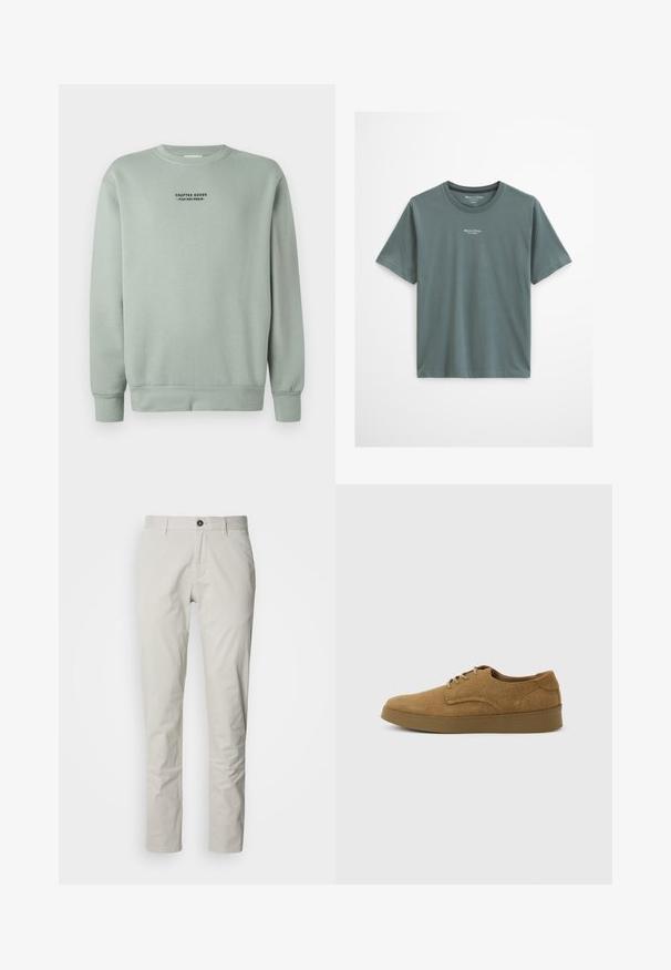 Licht salie groene crewneck sweatshirt met lange mouwen en zwarte tekst "Crafted Goods - Pier One Denim" gecentreerd op de borst.; Effen gedempte groene T-shirt met ronde hals en korte mouwen, met een klein wit "Marc O’Polo" logo en tekst gecentreerd onder de halslijn.; Lichtbeige chinos met een rechte pijp, voorzien van een knoopsluiting, enkele plooi en een gladde katoenen textuur.; Bruine suède veterschoen voor vrijetijdskleding met een platte rubberen zool, zijaanzicht tegen een eenvoudige lichte achtergrond.